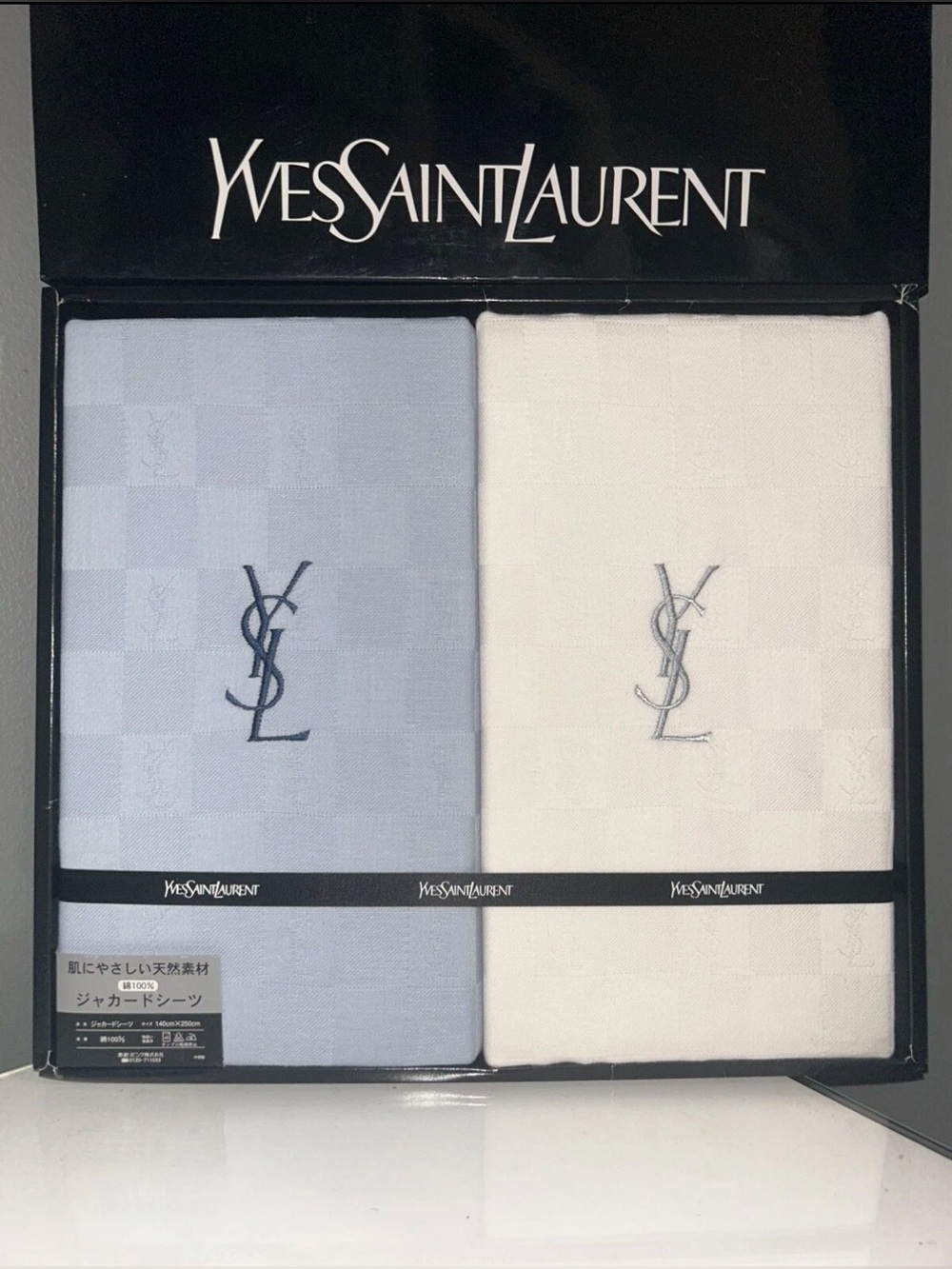 YSL Yves Saint Laurent Blue and White Twin Sheet Set